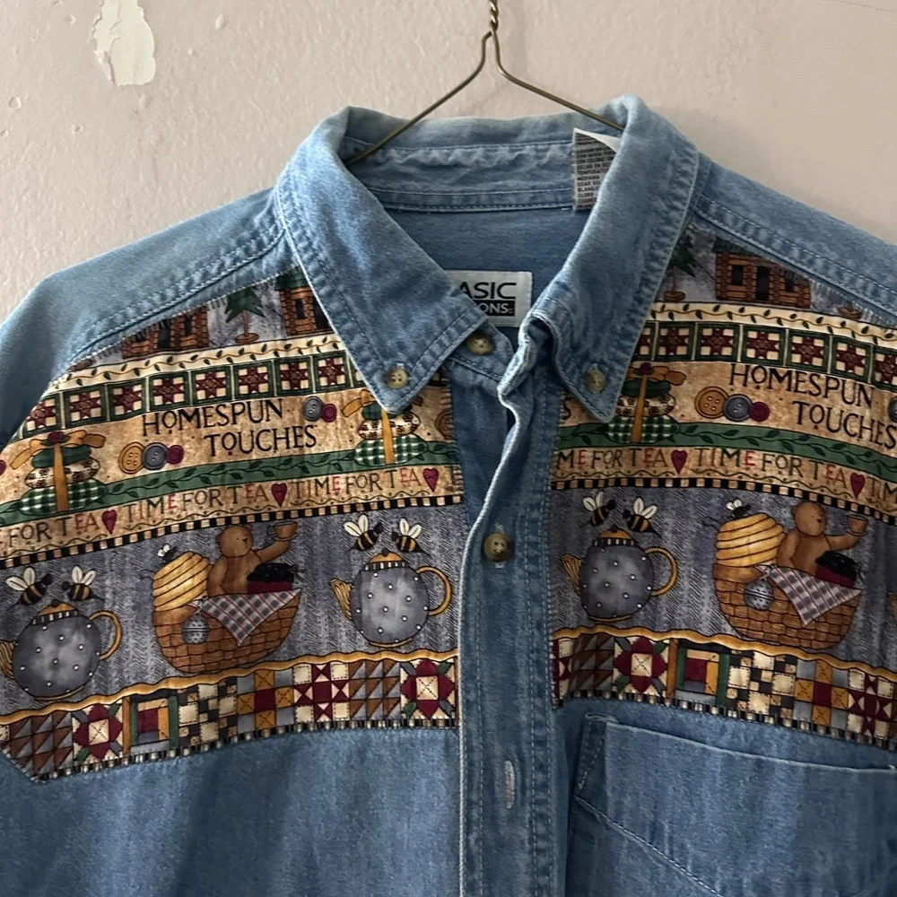 Vintage Basic Editions Blue Button Down Shirt with Pattern (Bear with Honey) - Picture 2 of 4